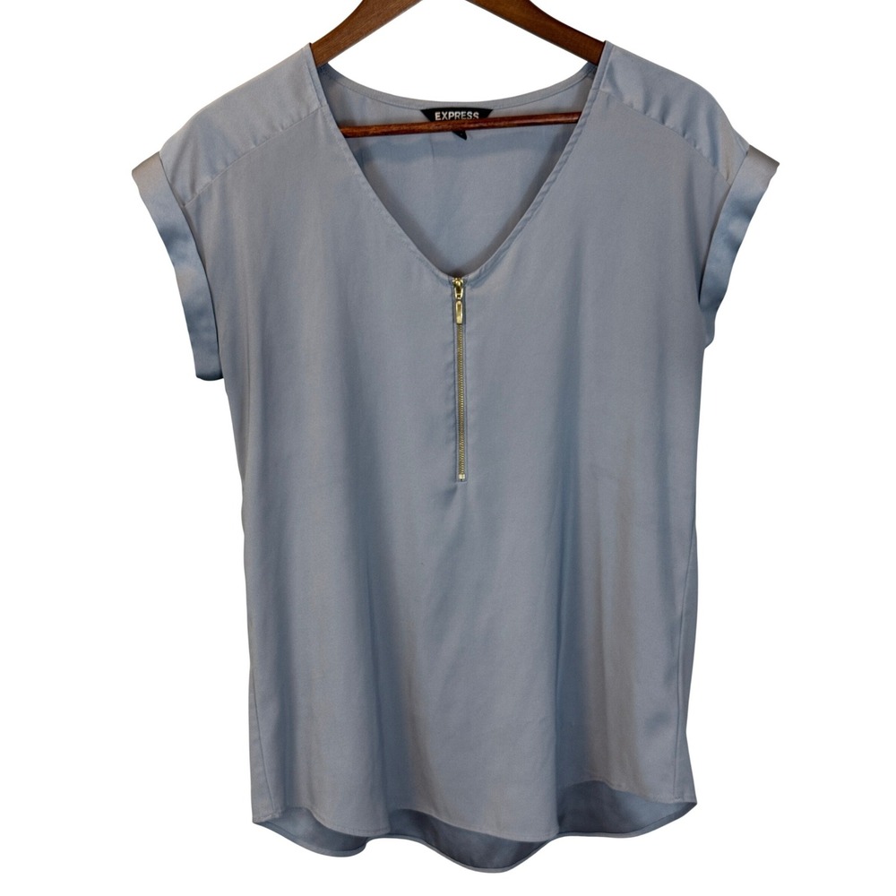 Express Blue Satin Quarter Zip Short Sleeve V-Neck‎ T-Shirt Size Medium